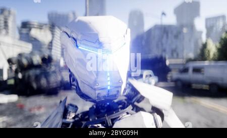 Military robot in destroyed city. Future apocalypse concept. 3d rendering. Stock Photo