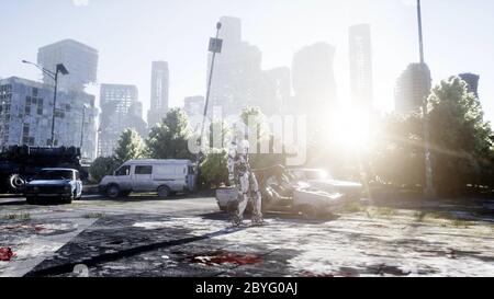 Military robot in destroyed city. Future apocalypse concept. 3d rendering. Stock Photo