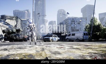 Military robot in destroyed city. Future apocalypse concept. 3d rendering. Stock Photo