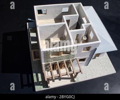 A 3D printed architecture model house in gypsum. Looking inside it. Stock Photo