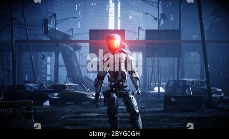 Military robot in destroyed city. Future apocalypse concept. 3d rendering. Stock Photo