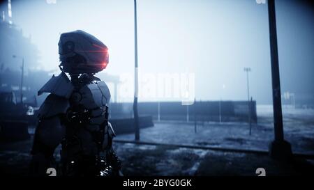 Military robot in destroyed city. Future apocalypse concept. 3d rendering. Stock Photo