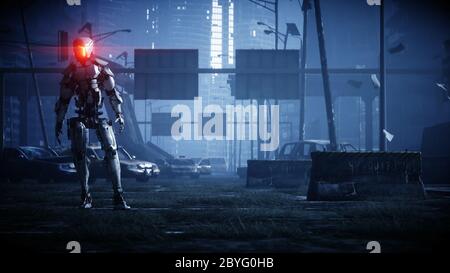 Military robot in destroyed city. Future apocalypse concept. 3d rendering. Stock Photo