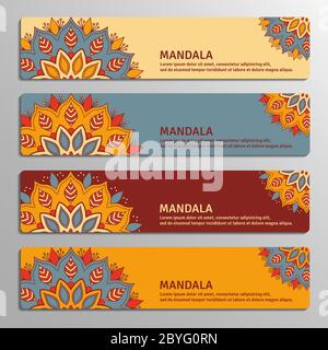 Colorful set of ornamental banners with flower mandala in beige, Stock Vector