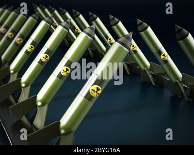 Nuclear missiles in a row. 3D illustration. Stock Photo