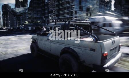 the car goes away from the chase crowd zombies. Destroyed city. Fast driving. Zombie apocalypse concept. 3d rendering. Stock Photo