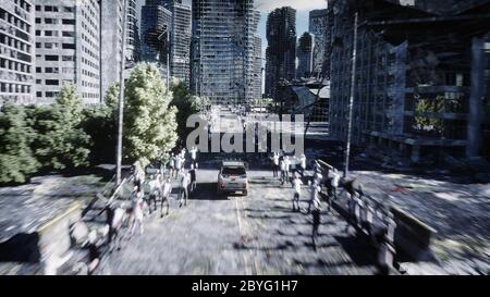 the car goes away from the chase crowd zombies. Destroyed city. Fast driving. Zombie apocalypse concept. 3d rendering. Stock Photo