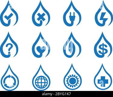 Vector illustration of conceptual symbols in water drops. Blue icon set isolated on white background. Stock Vector