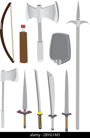 Vector illustration of different types of medieval combat weapons such as axe, bow, arrows, knife, sword and spear, isolated on white background. Stock Vector