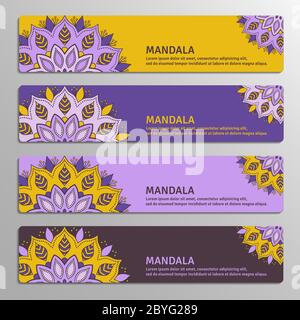 Colorful set of ornamental banners with flower mandala in yellow Stock Vector