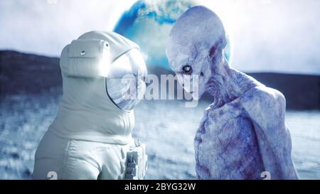 Astronaut on the moon with alien. 3d rendering Stock Photo ...