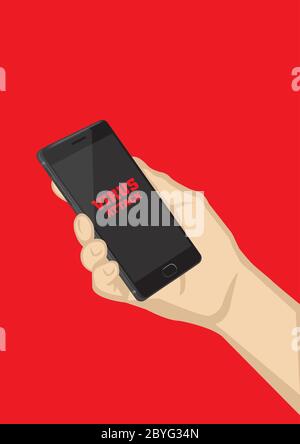 Hand holding black smart mobile phone with red text virus attack on touchscreen. Vector illustration isolated on saturated red background. Stock Vector