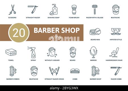 Barber Shop icon set. Collection contain scissors, foam brush, comb and over icons. Barber Shop elements set. Stock Vector