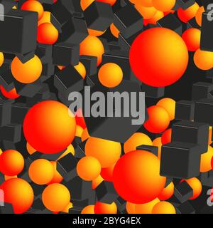 Golden Balls and Black Cubes Seamless Pattern, 3D Illustration Stock Vector