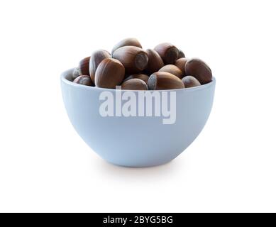 Fresh hazelnuts isolated on white background. Hazelnuts in a bowl with copy space for text. Hazelnut close-up. Stock Photo