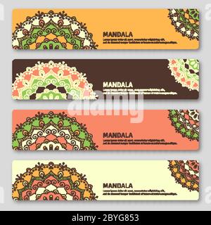 Set of gorizontal cards with hand drawn mandala. Oriental style, Stock Vector