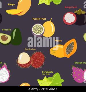 Seamless pattern of exotic tropical fruits on a violet color bac Stock Vector