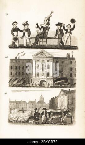 Guy Fawkes in Effigy, Bartholomew’s Hospital and Smithfield Market. Children begging with an effigy of Guy Fawkes  on 5 November 39, men bringing a patient on a stretcher into St. Bartholomew’s Hospital 40 and drovers driving sheep into Smithfield Market 41. Woodcut engraving after an illustration by Isaac Taylor from City Scenes, or a Peep into London, by Ann Taylor and Jane Taylor, published by Harvey and Darton, Gracechurch Street, London, 1828. English sisters Ann and Jane Taylor were prolific Romantic poets and writers of children’s books in the early 19th century. Stock Photo