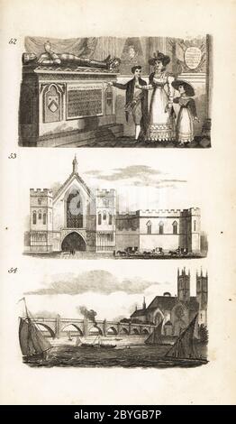 Tombs in Westminster Abbey, Westminster Hall and Westminster Bridge. Young man pointing to a Latin inscription on a stone tomb in Westminster Abbey 52, horse-drawn coaches outside Westminster Hall 53 and view of Westminster Bridge on the Thames built in 1750 by engineer Charles Labelye 54. Woodcut engraving after an illustration by Isaac Taylor from City Scenes, or a Peep into London, by Ann Taylor and Jane Taylor, published by Harvey and Darton, Gracechurch Street, London, 1828. English sisters Ann and Jane Taylor were prolific Romantic poets and writers of children’s books in the early 19th