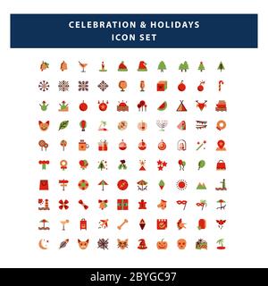 set of Celebration and Holidays icon with flat style design vector Stock Vector