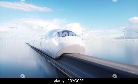 speedly Futuristic monorail train. Sci fi station. Concept of future. People and robots. Water and wind energy. 3d rendering. Stock Photo