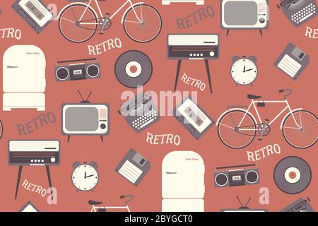 Seamless pattern with 80s years old objects. Retro style, flat d Stock Vector