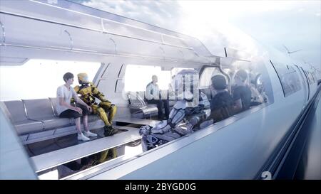 speedly Futuristic monorail train. Sci fi station. Concept of future. People and robots. Water and wind energy. 3d rendering. Stock Photo