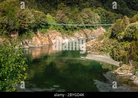 Buller Gorge Swing Bridge, Buller River, Tasman, South Island, New Zealand Stock Photo