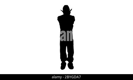 Silhouette Man wearing protective mask and hazmat suit crossing hands and showing stop gesture. Stock Photo