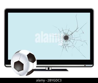 Comical indoor football and broken television screen isolated on white background Stock Photo