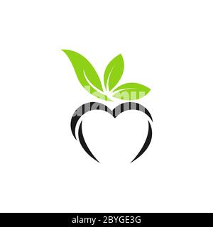 Green vector icon with heart shape and two leaves. Can be used for eco, vegan, herbal healthcare or nature care concept logo design Stock Vector