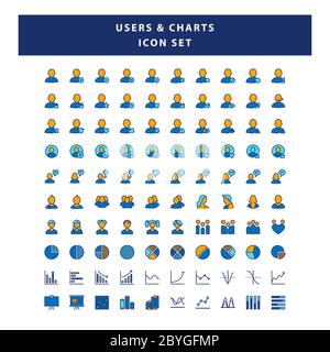Set of Users and Charts icon with filled outline style design vector Stock Vector