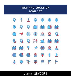 set of Map and navigation icon with filled outline style design vector Stock Vector