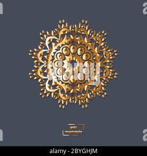 Ornamental gold flower oriental mandala on blue color background Stock Vector