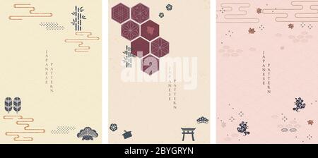 Japanese icon with Asian traditional background vector. Oriental template with bamboo, cherry blossom flower and wave elements. Stock Vector