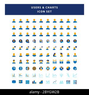 Set of Users and Charts icon with flat style design vector Stock Vector