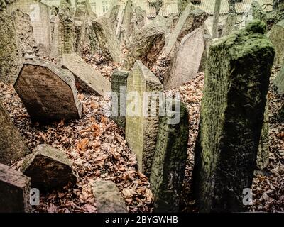 Tombstones at the old Jewish cemetery in Prague, Czech Republic Stock Photo