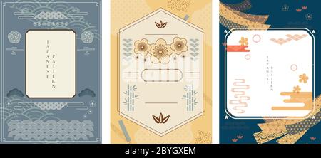 Japanese background with Asian traditional icon vector. Cherry blossom flower, wave pattern, bamboo and ribbon elements Stock Vector