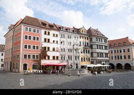 09 June 2020, Saxony, Görlitz: View of the Untermarkt with the Neptune Fountain. The Untermarkt is the main market in the old town of Görlitz. Buildings of the late gothic, renaissance and baroque period line the large, almost square square. Photo: Sebastian Kahnert/dpa-Zentralbild/ZB Stock Photo
