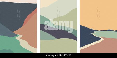 Art landscape background with Japanese wave pattern vector. Natural wallpaper with curve elements. Abstract art template in vintage style. Stock Vector
