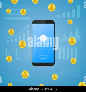 Money Transfers. Vector Illustration Of Smartphone With Successful Payment Notification On Screen Stock Vector