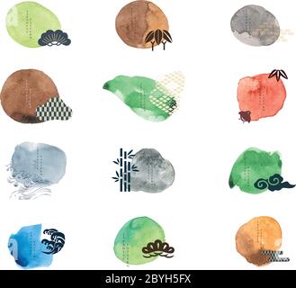 Vector set of watercolor painting brush logo icon in Japanese style. Asian traditional sign with abstract art background. Stock Vector