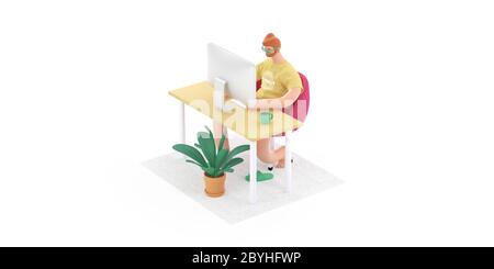 Home Office 3D render -modern concept digital illustration home office quarantine metaphor, a cartoon character, guy working at home sitting at the de Stock Photo