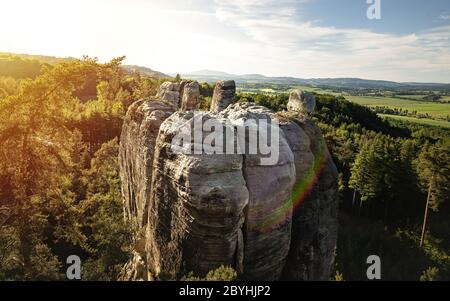 Beautiful landscape during sunset in the rocky Sandstone rocks in Bohemian Paradise. Spring landscape of Czech Republic. Taken Liberec Region, Europe Stock Photo