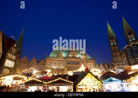 City Hall and Christmas market in Bremen by night Stock Photo