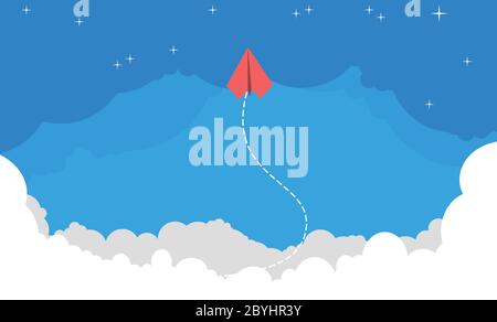 Red airplane gets ahead in the sky. New idea, change, trend Stock Vector