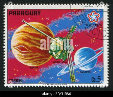 PARAGUAY -CIRCA 1976: Jupiter is the fifth planet from the Sun and the largest planet within the Solar System, circa 1976. Stock Photo