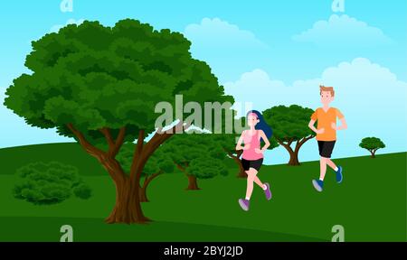 couple is running in a garden in the morning Stock Vector