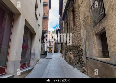 ESCALDES-ENGORDANY, ANDORRA - 2020 juny 8: Engordany Bridge and houses view in a snowfall day in small town Escaldes-Engordany in Andorra on juny 2020 Stock Photo