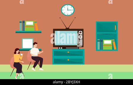 couple watching news at home with a cup of tea Stock Vector